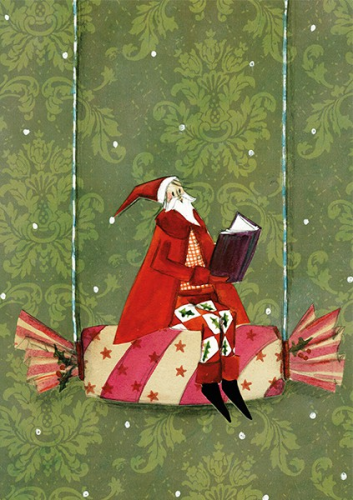 Postkarte mit Glitzer Weihnachtsmann auf Bonbonschaukel