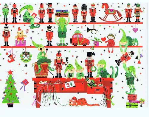 Postkarte Elfen im Spielzeugregal